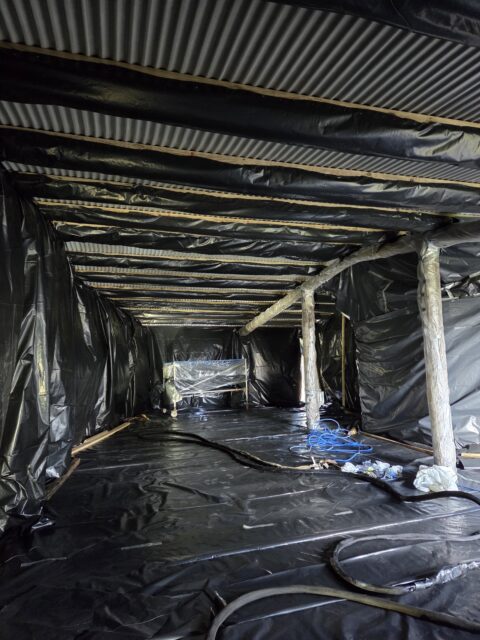 Deck roof prepared and masked before spray foam insulation