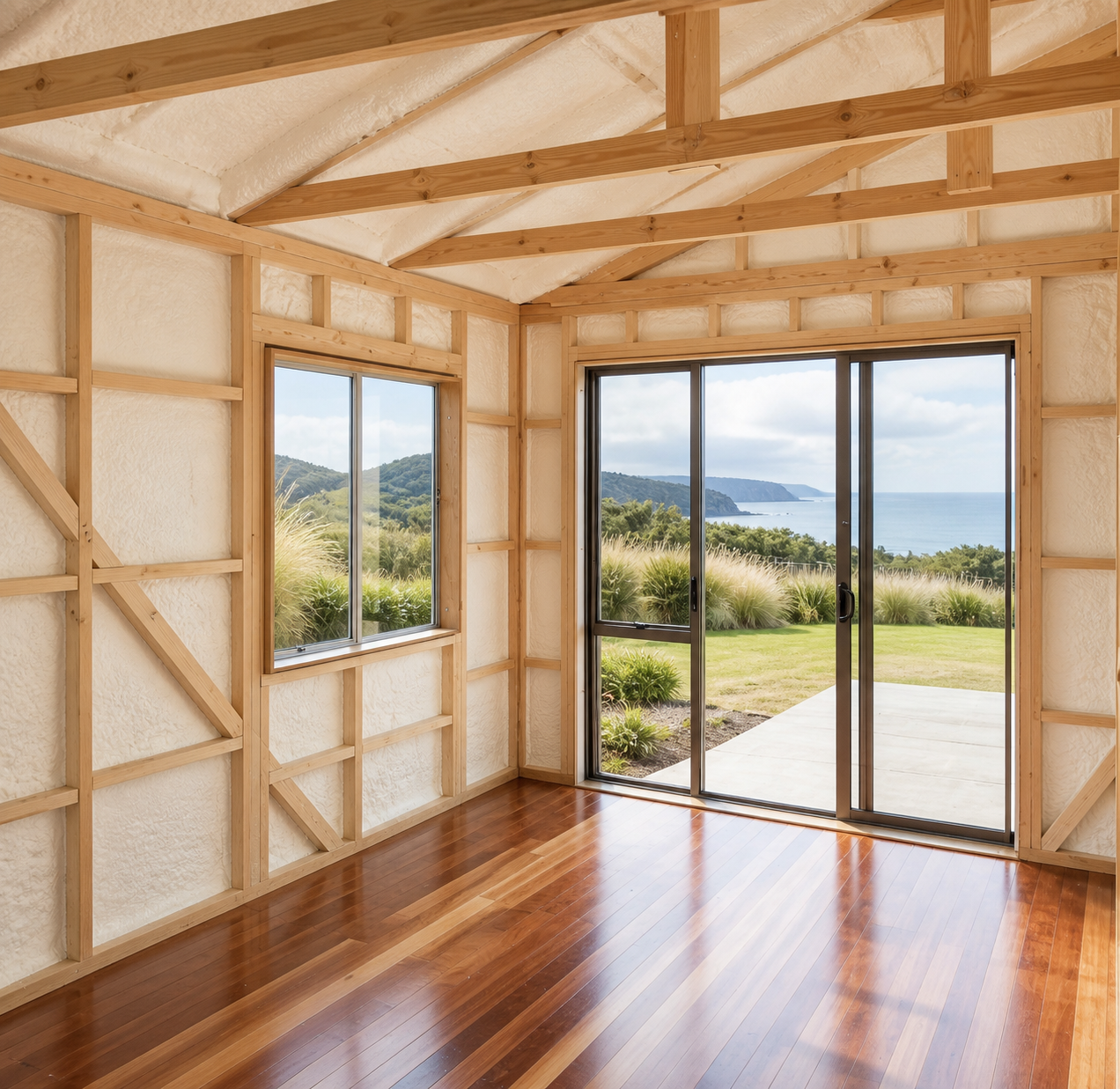 Closed-cell spray foam insulation installed in the walls and roofline of a premium home